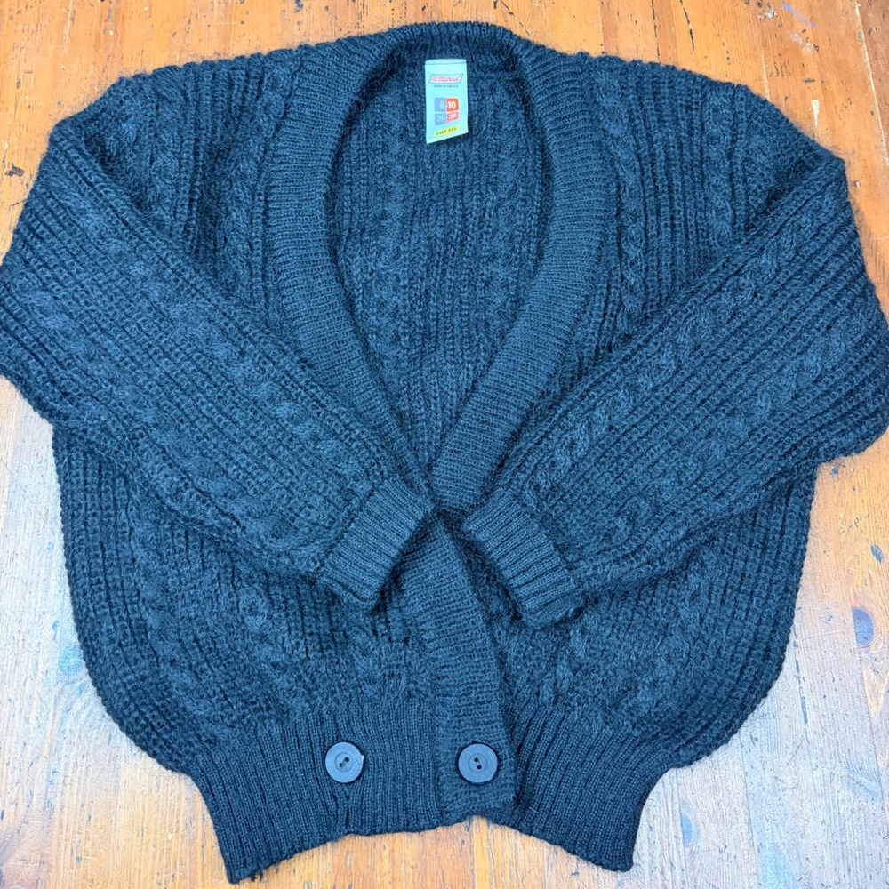 Vintage St Michael Black Mohair Blend‎ Cable Knit Cardigan Sweater UK 8-10 US S